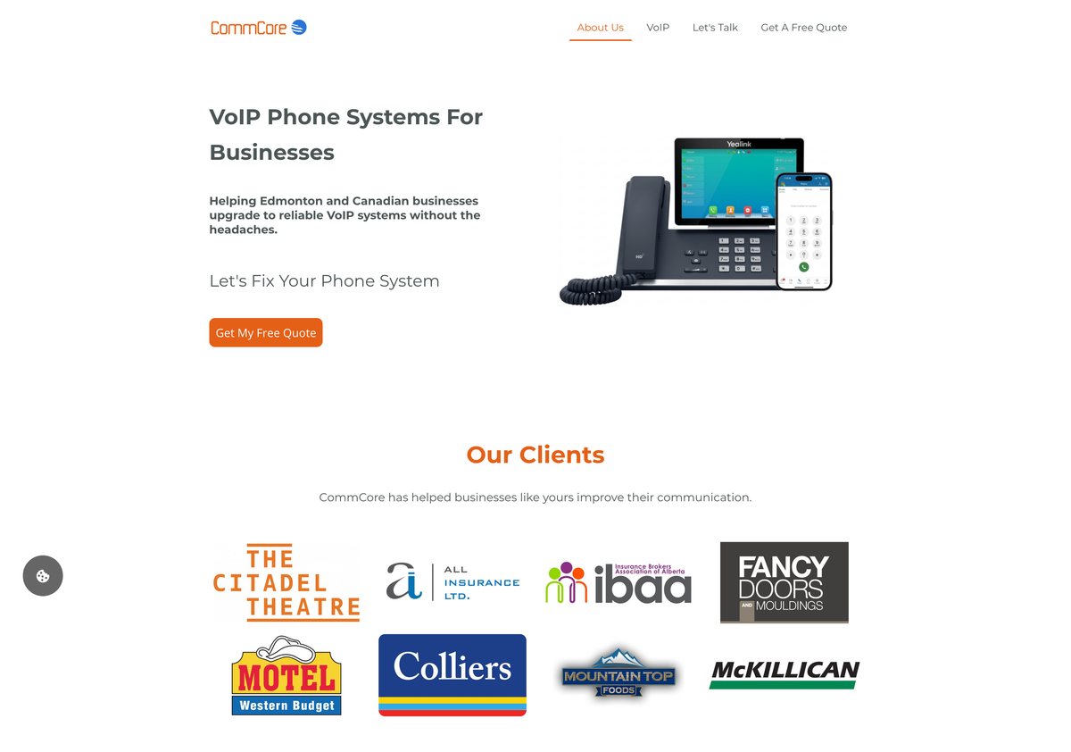 CommCore homepage after refinement, with a specific VoIP offer, local context, quote action, and customer logos.