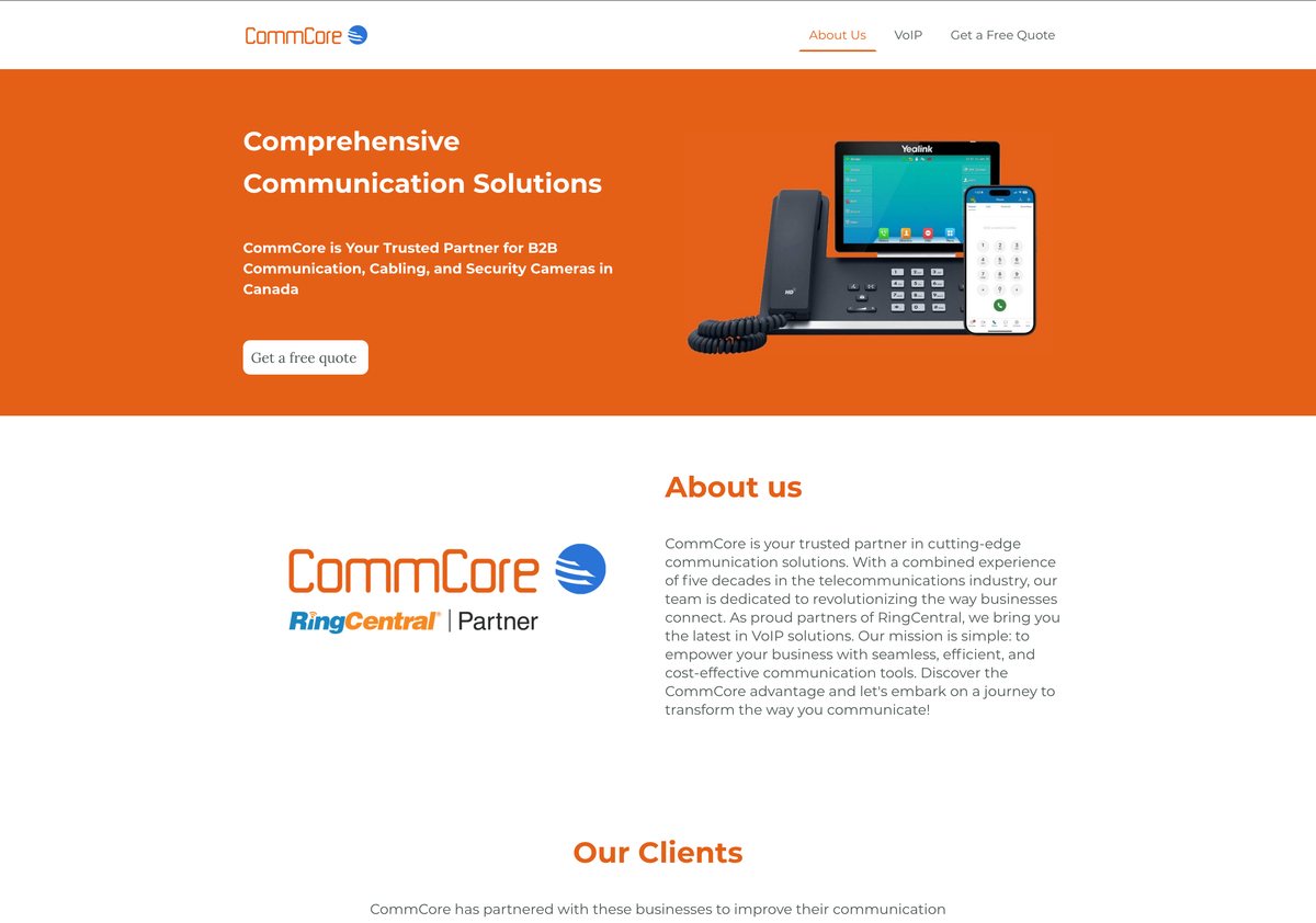 CommCore homepage before refinement, with a large orange hero and a broad communications message.