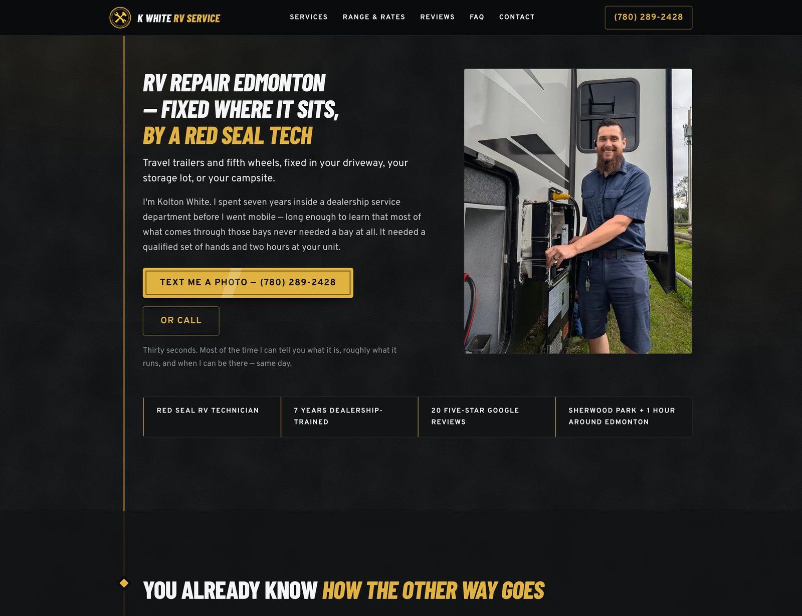 K White RV Service homepage with a specific mobile RV repair offer, technician photograph, direct text and call actions, and trust proof.