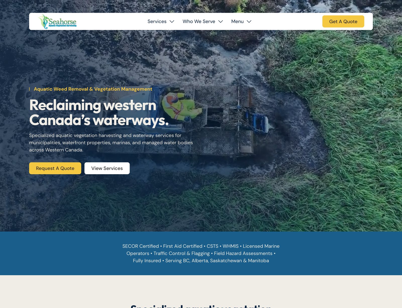 The Seahorse Aquatic website homepage with a waterway-service offer and prominent quote path.