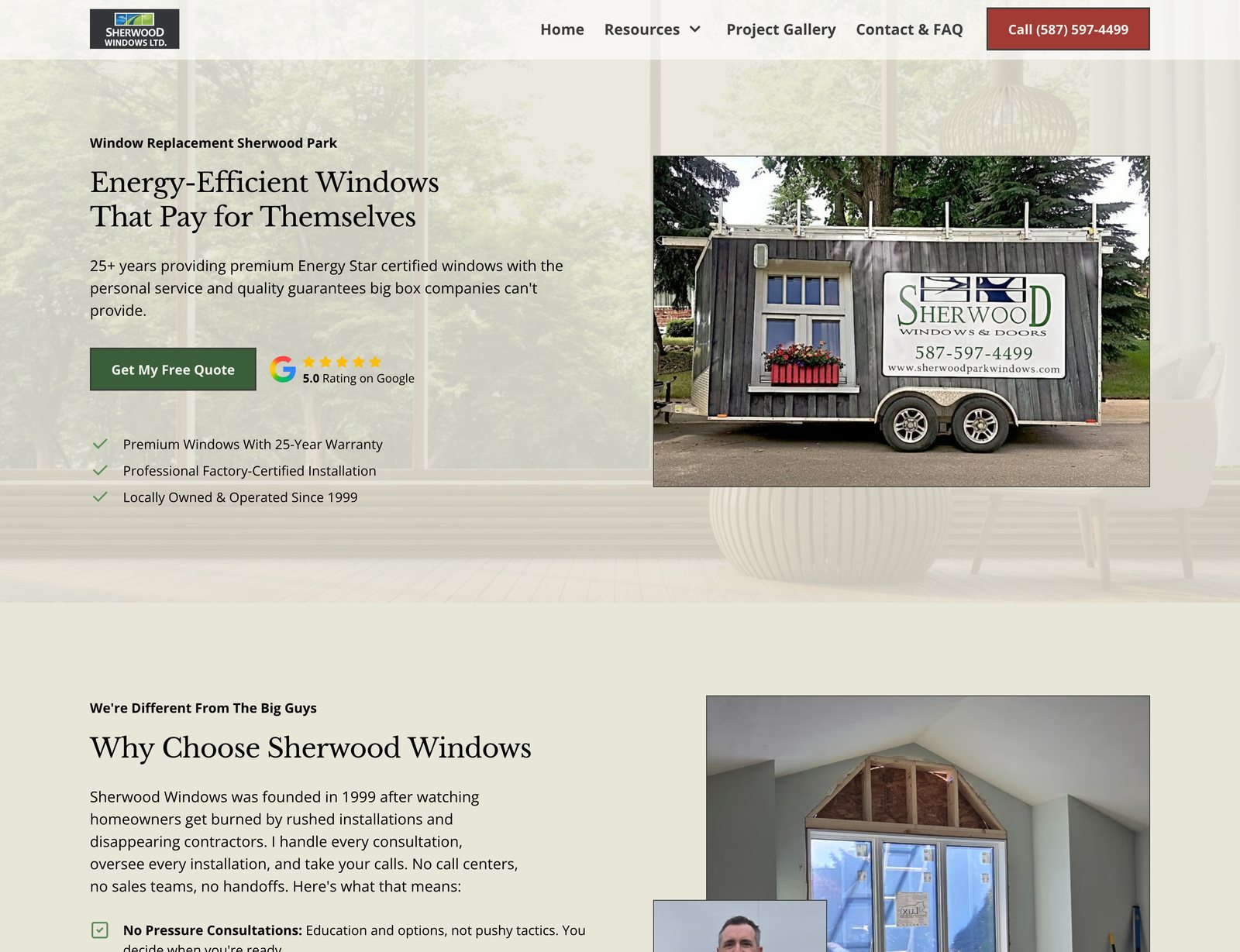 The rebuilt Sherwood Windows website with the company trailer featured prominently in the hero.