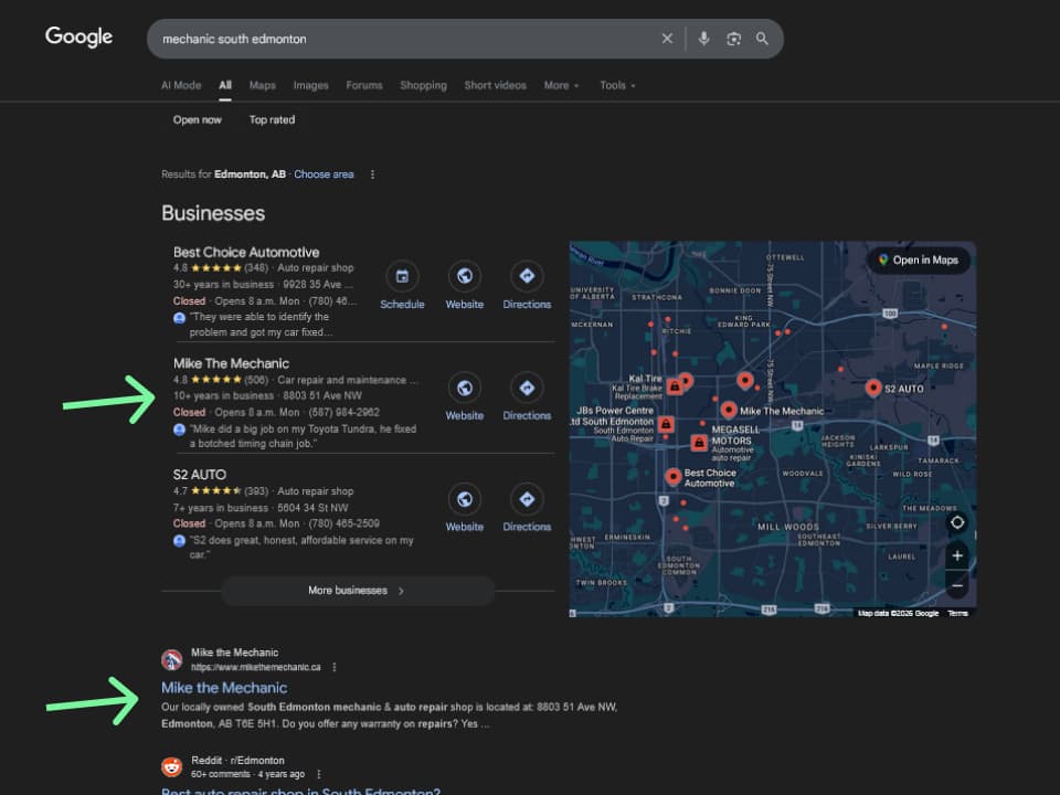 Google local search results showing Mike the Mechanic ranking #1 for mechanic searches in south Edmonton