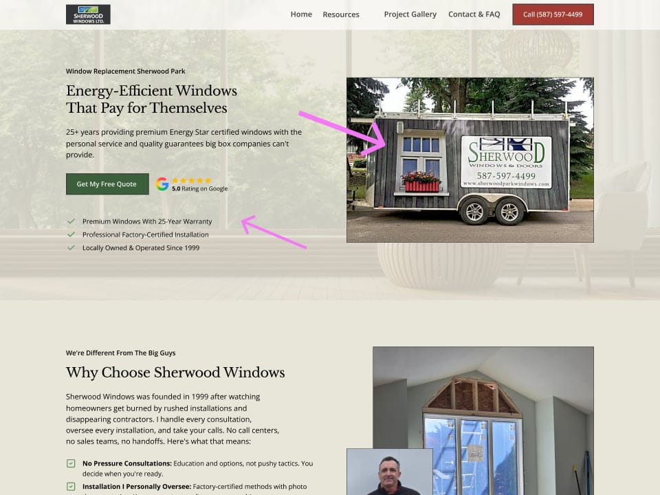 Annotated homepage showing trust signals — Google rating badge, warranty, and trailer photo above the fold