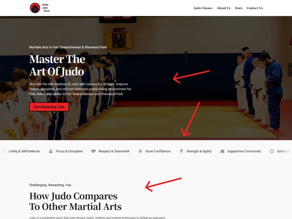 Annotated homepage showing benefits above the fold and the judo vs other martial arts comparison section